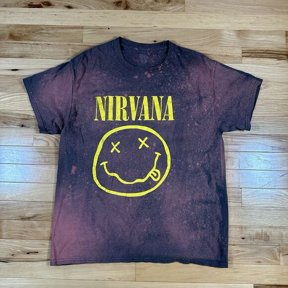 Nirvana Happy Face Graphic T-shirt Men Large Black Acid Wash Logo Pink Music - Picture 1 of 2